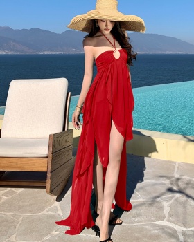 Halter seaside long dress wrapped chest split dress for women