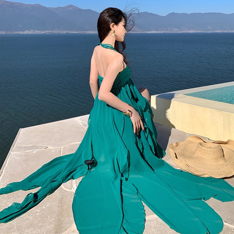 Halter seaside long dress wrapped chest split dress for women