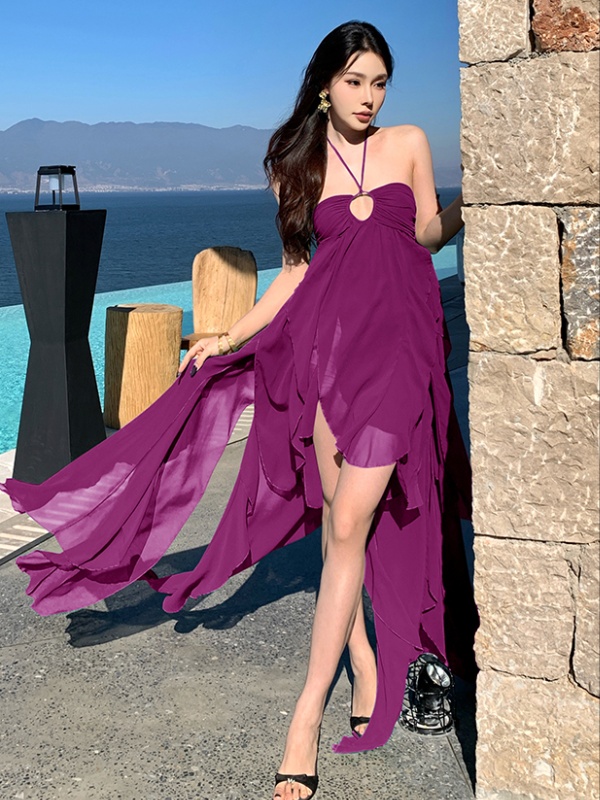Halter seaside long dress wrapped chest split dress for women