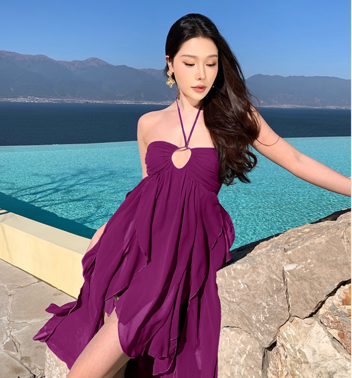 Halter seaside long dress wrapped chest split dress for women