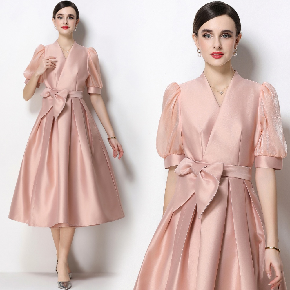 Elegant slim formal dress A-line puff sleeve dress