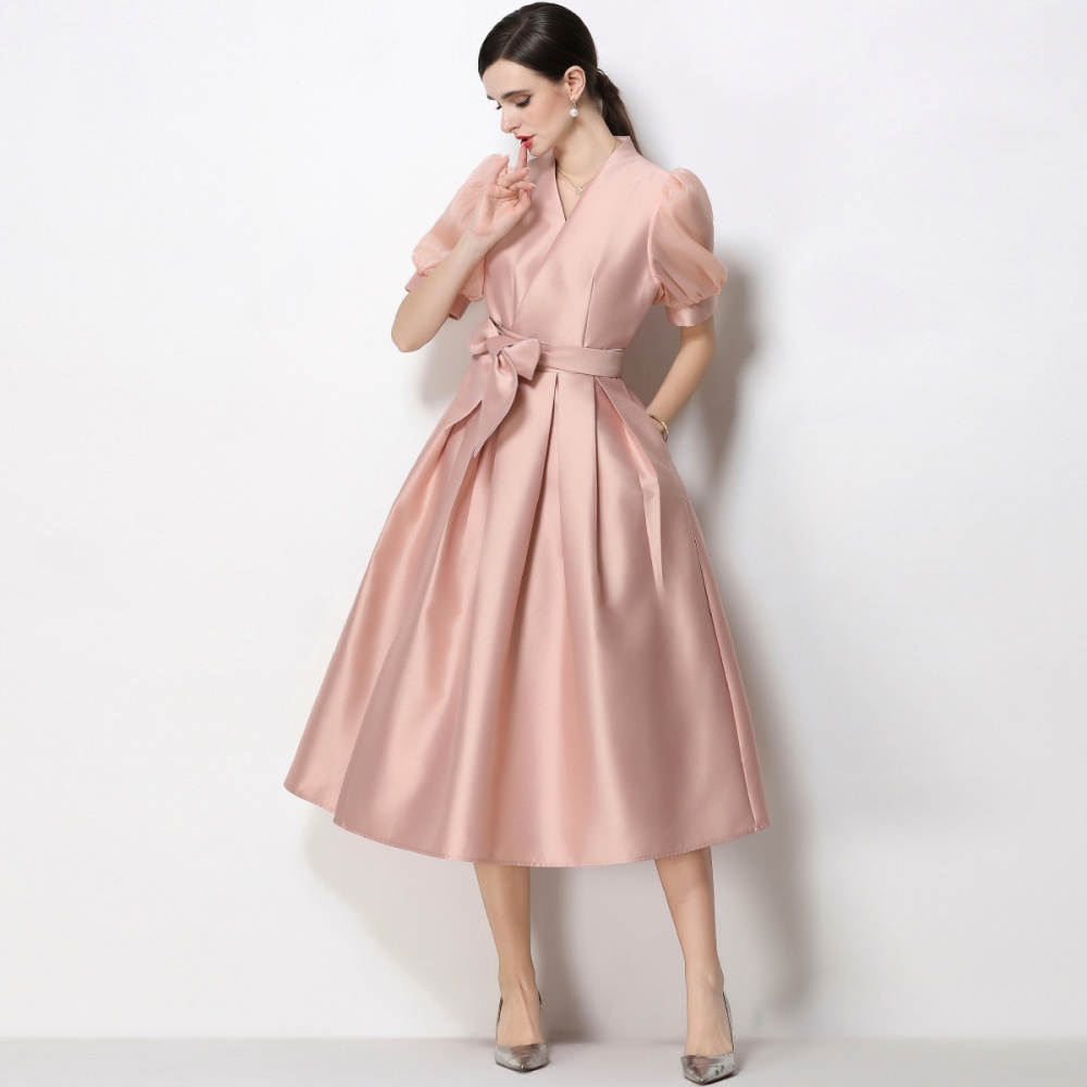 Elegant slim formal dress A-line puff sleeve dress