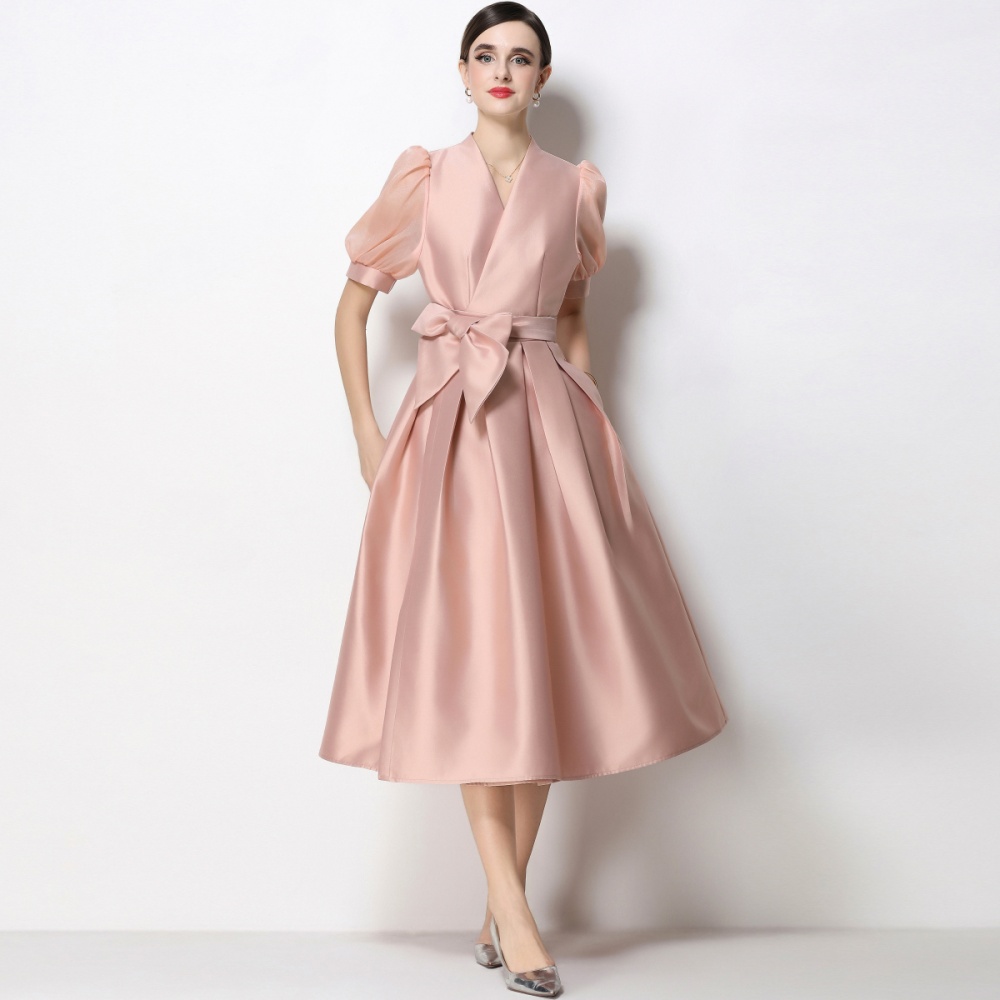 Elegant slim formal dress A-line puff sleeve dress