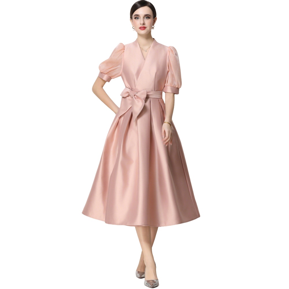 Elegant slim formal dress A-line puff sleeve dress