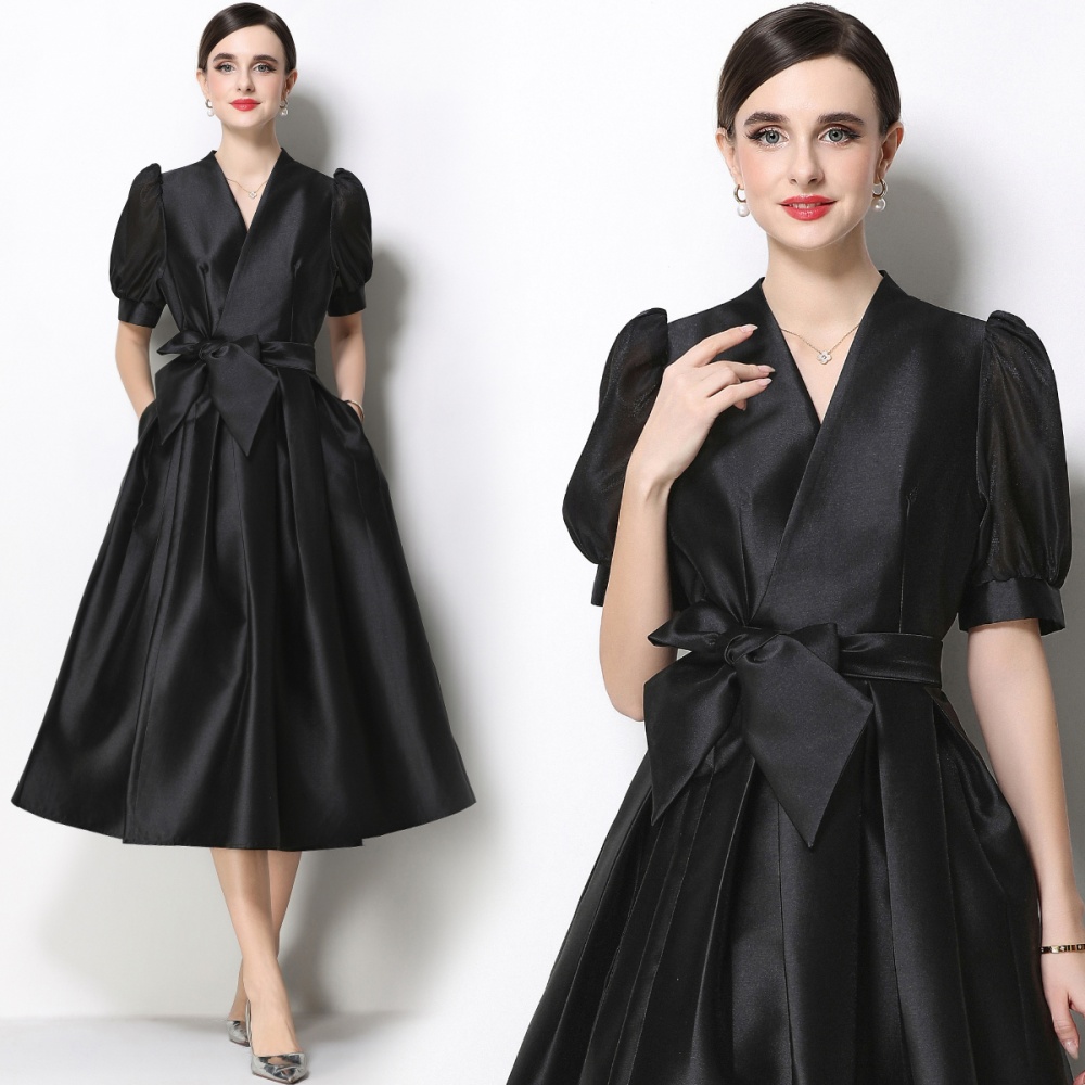 Flowers satin formal dress bandage puff sleeve dress