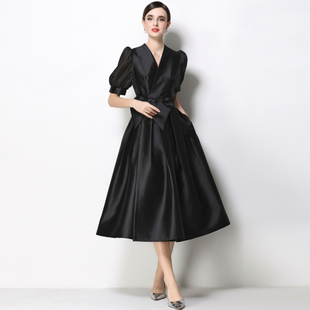 Flowers satin formal dress bandage puff sleeve dress