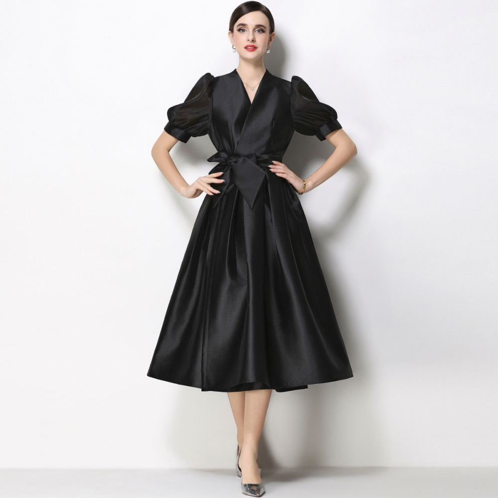 Flowers satin formal dress bandage puff sleeve dress