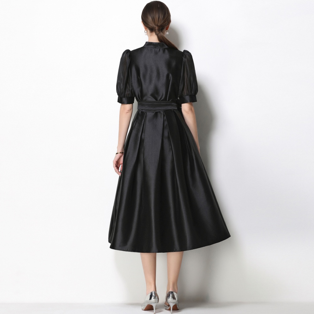 Flowers satin formal dress bandage puff sleeve dress