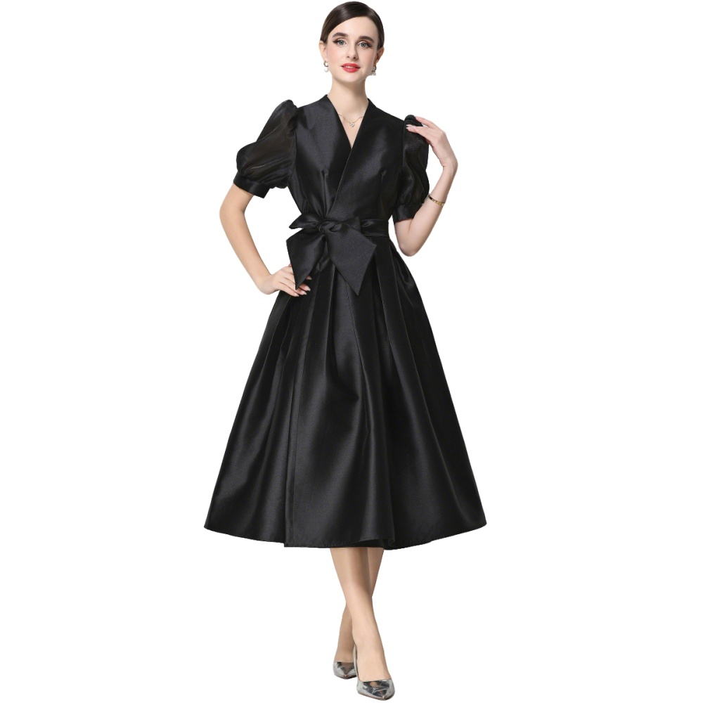 Flowers satin formal dress bandage puff sleeve dress