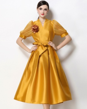 Puff sleeve A-line formal dress V-neck satin dress