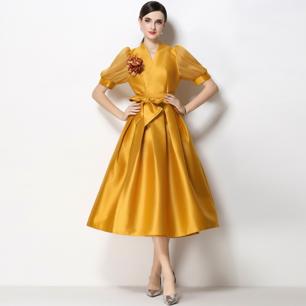 Puff sleeve A-line formal dress V-neck satin dress