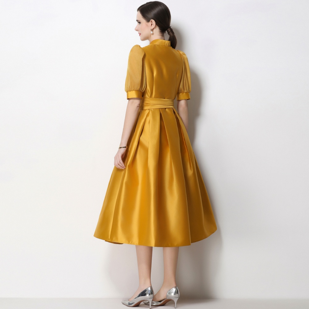 Puff sleeve A-line formal dress V-neck satin dress