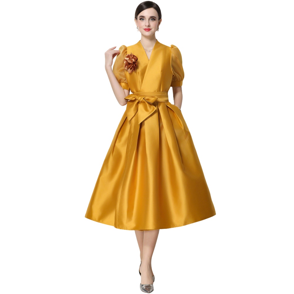 Puff sleeve A-line formal dress V-neck satin dress