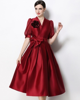 V-neck flowers slim formal dress elegant A-line dress