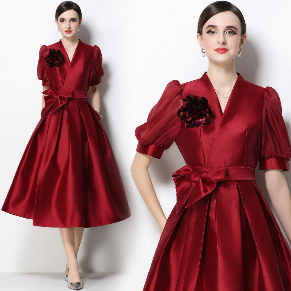 V-neck flowers slim formal dress elegant A-line dress