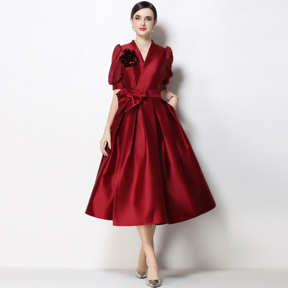 V-neck flowers slim formal dress elegant A-line dress