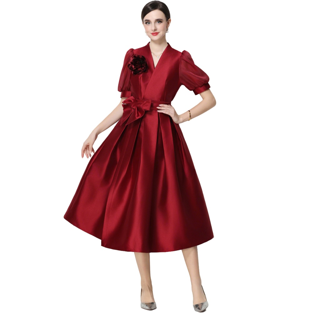 V-neck flowers slim formal dress elegant A-line dress