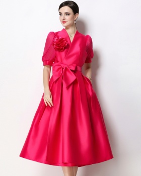 Temperament flowers formal dress satin V-neck dress