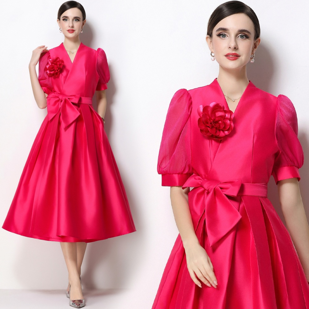 Temperament flowers formal dress satin V-neck dress