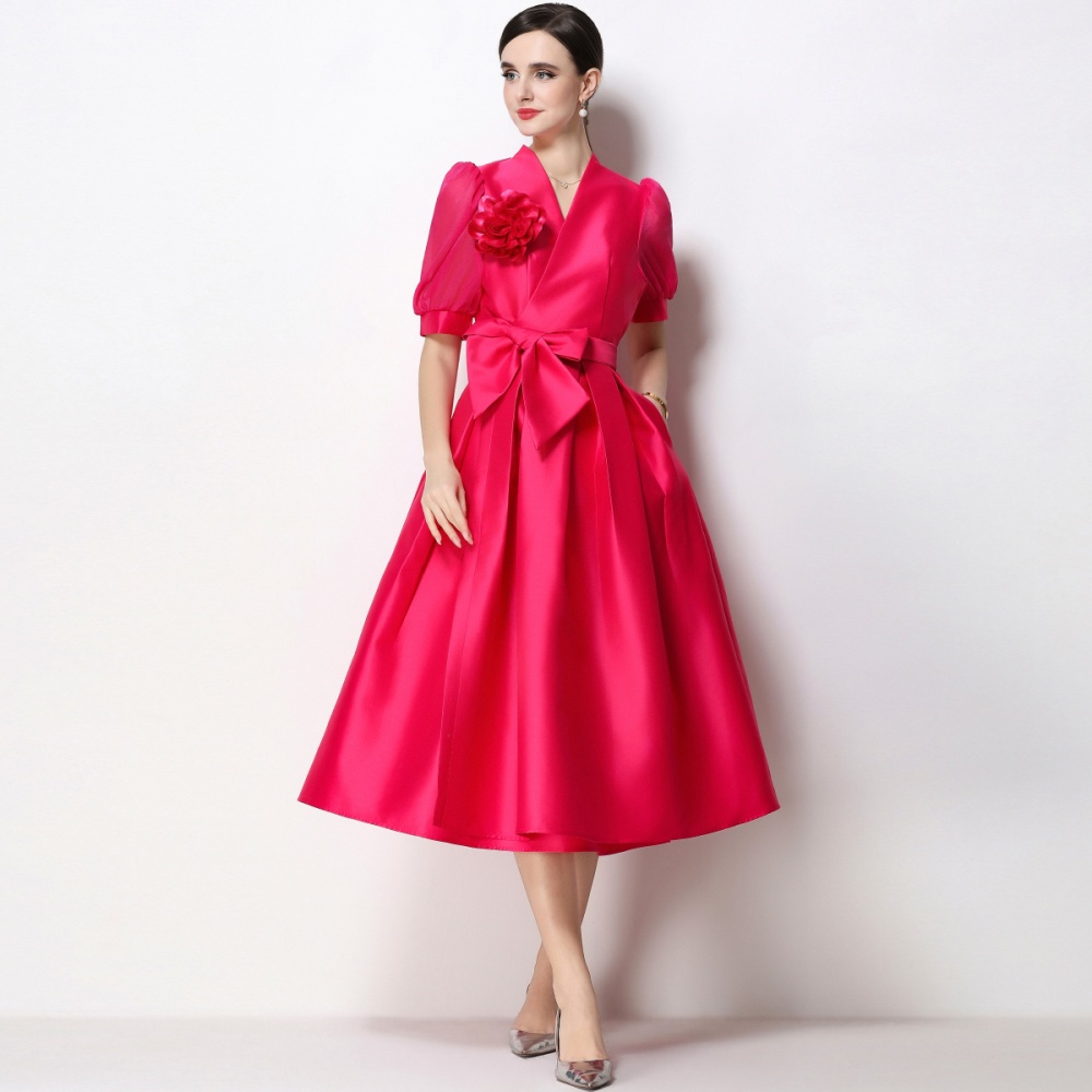 Temperament flowers formal dress satin V-neck dress