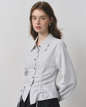 All-match frenum tops plaid drawstring shirt
