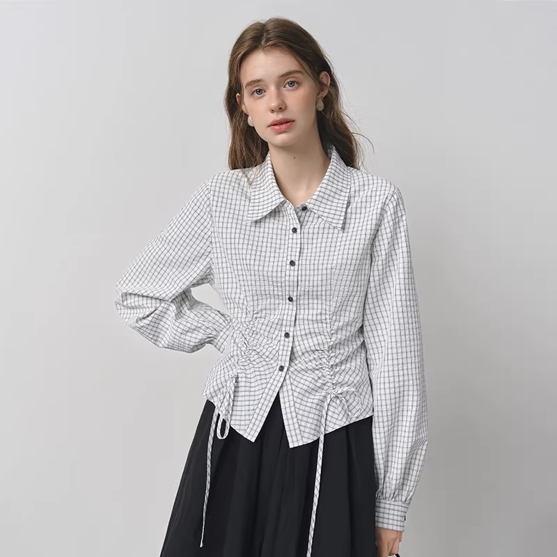 All-match frenum tops plaid drawstring shirt