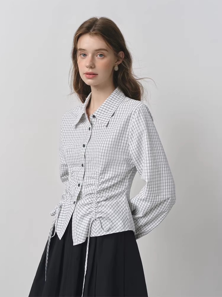 All-match frenum tops plaid drawstring shirt