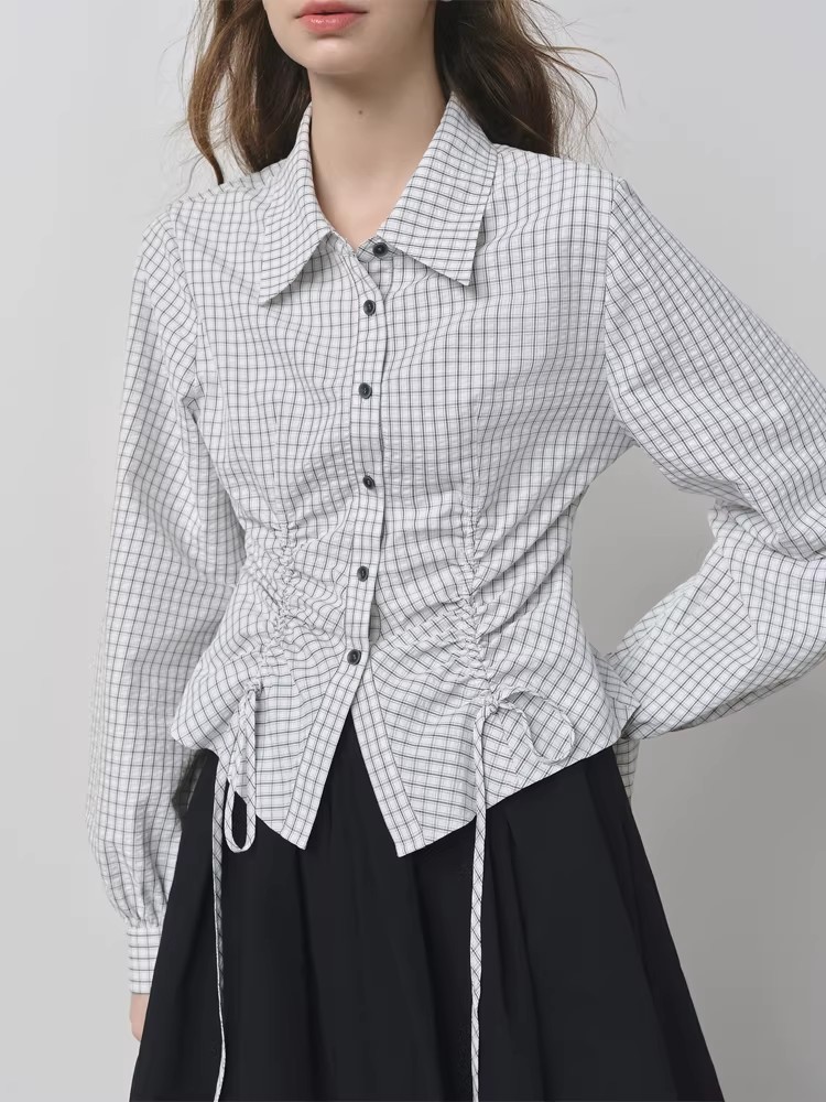 All-match frenum tops plaid drawstring shirt
