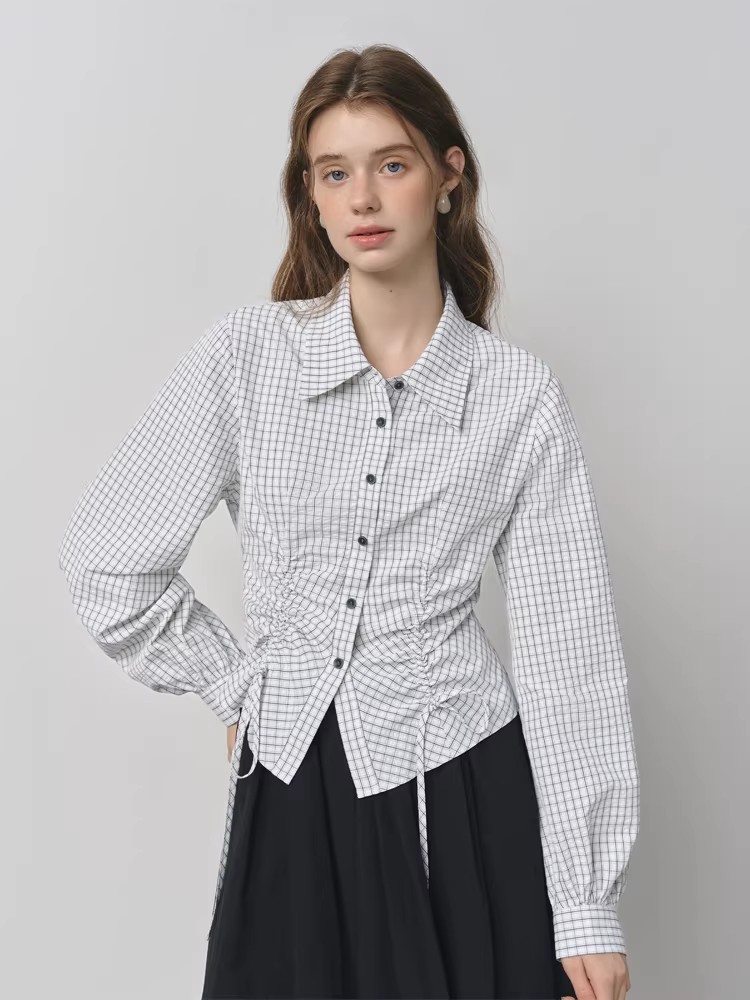 All-match frenum tops plaid drawstring shirt