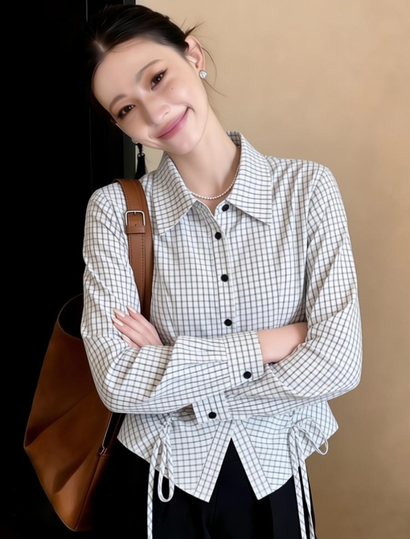 Long sleeve pinched waist shirt plaid all-match tops