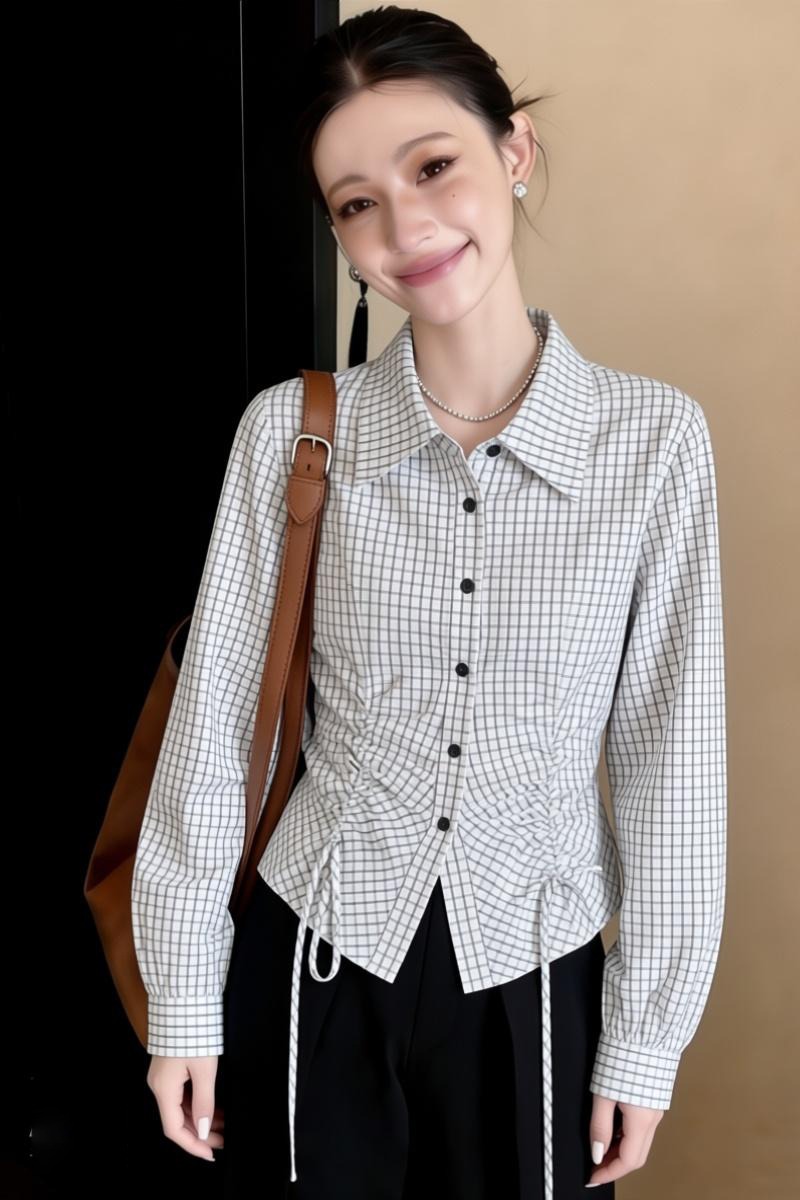 Long sleeve pinched waist shirt plaid all-match tops
