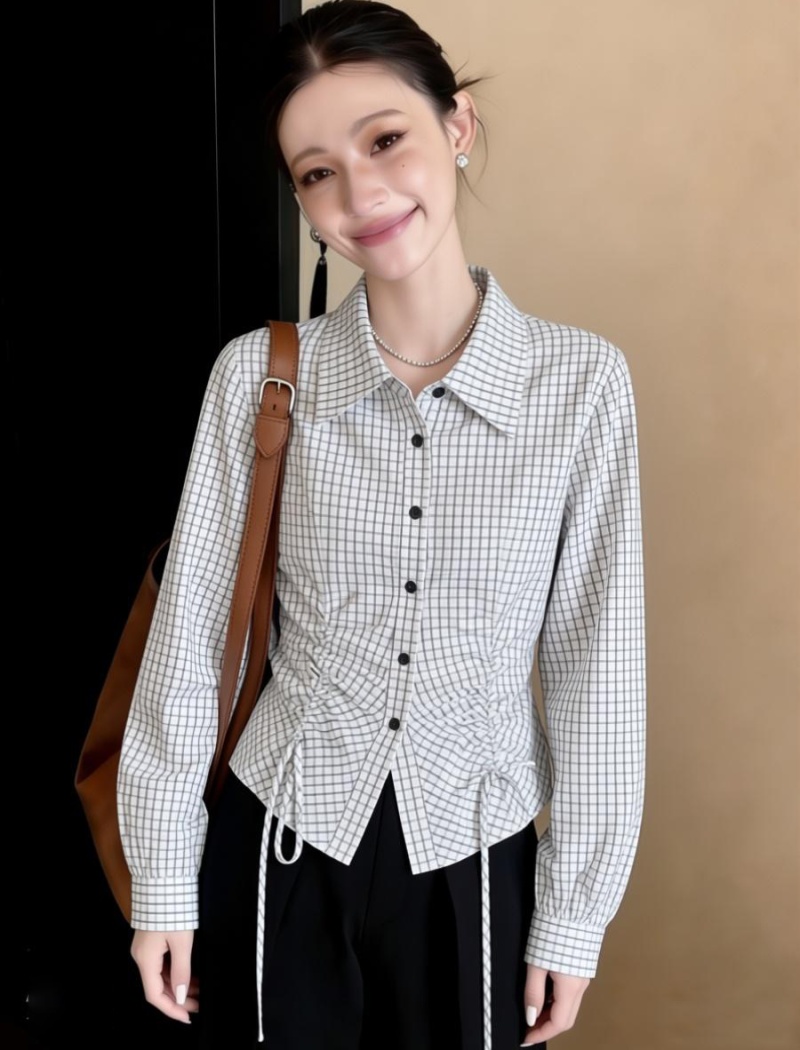 Long sleeve pinched waist shirt plaid all-match tops