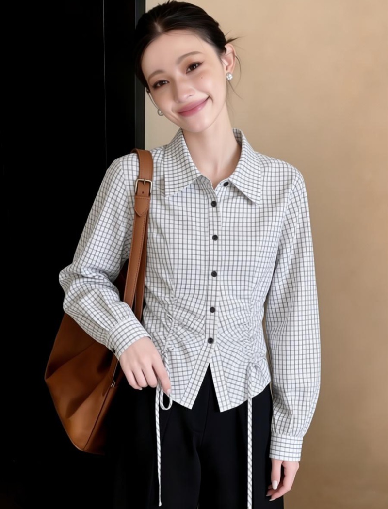 Long sleeve pinched waist shirt plaid all-match tops