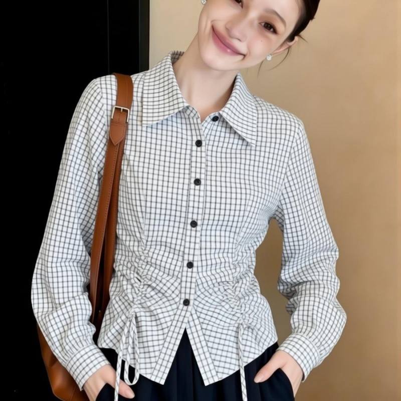 Long sleeve pinched waist shirt plaid all-match tops