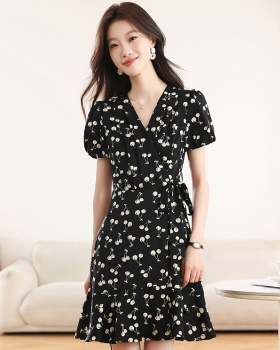 Polka dot floral puff sleeve printing summer dress for women