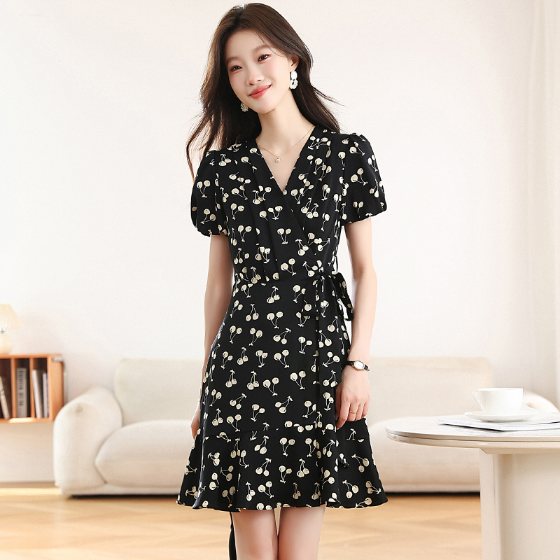 Polka dot floral puff sleeve printing summer dress for women