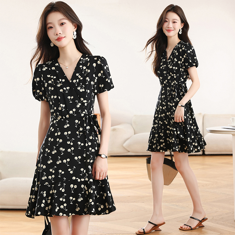 Polka dot floral puff sleeve printing summer dress for women