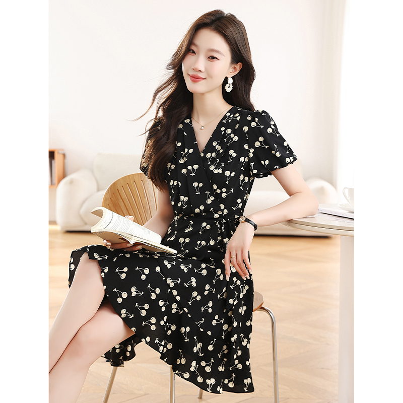 Polka dot floral puff sleeve printing summer dress for women