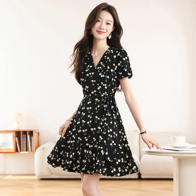Polka dot floral puff sleeve printing summer dress for women