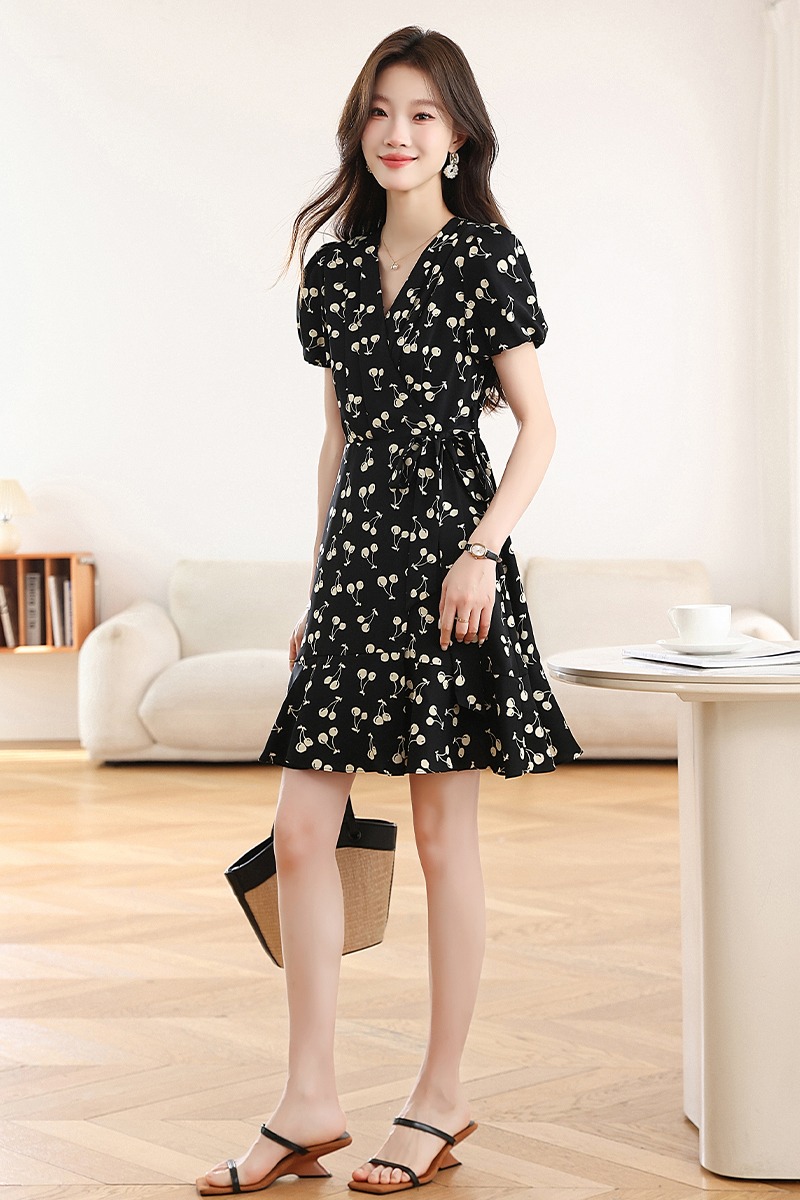 Polka dot floral puff sleeve printing summer dress for women