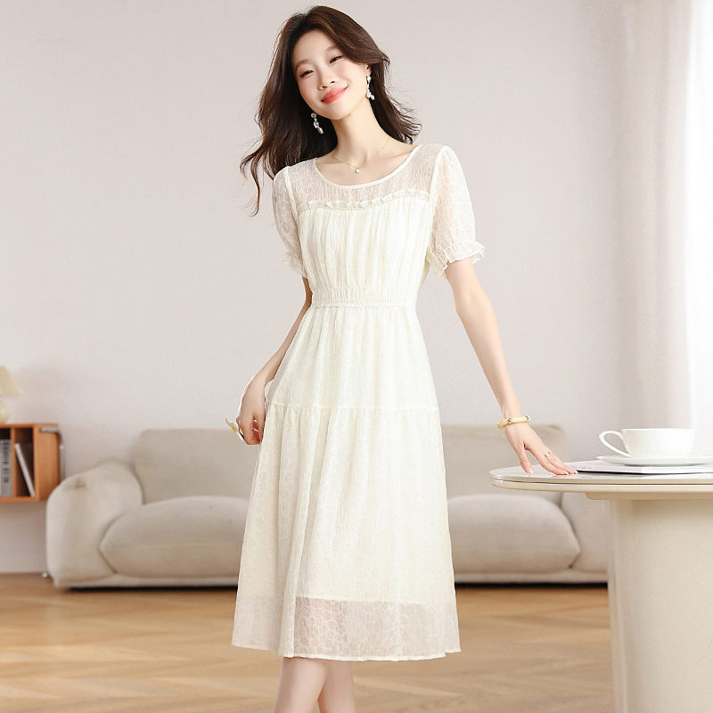 White summer chiffon round neck temperament dress