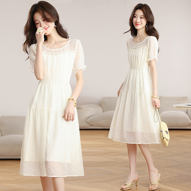 White summer chiffon round neck temperament dress
