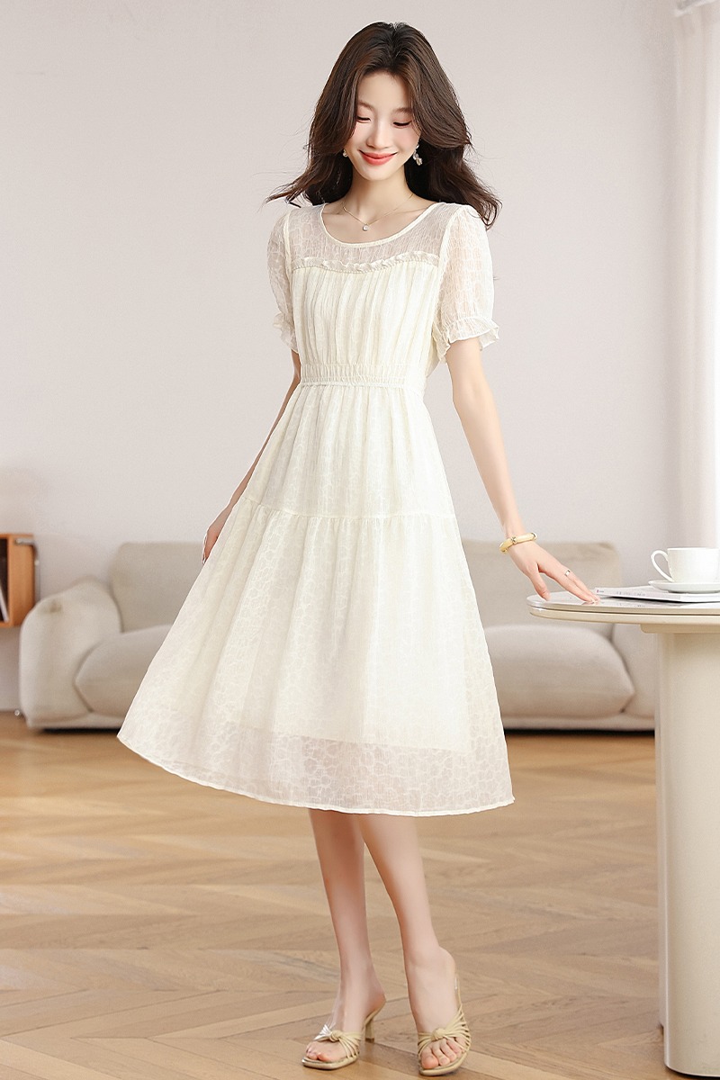 White summer chiffon round neck temperament dress