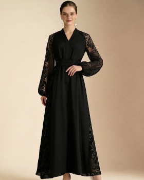 V-neck lantern sleeve lace elegant style vacation dress