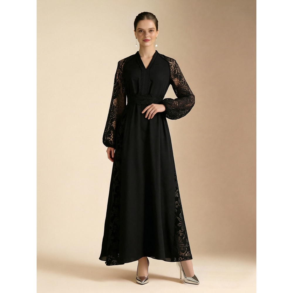 V-neck lantern sleeve lace elegant style vacation dress