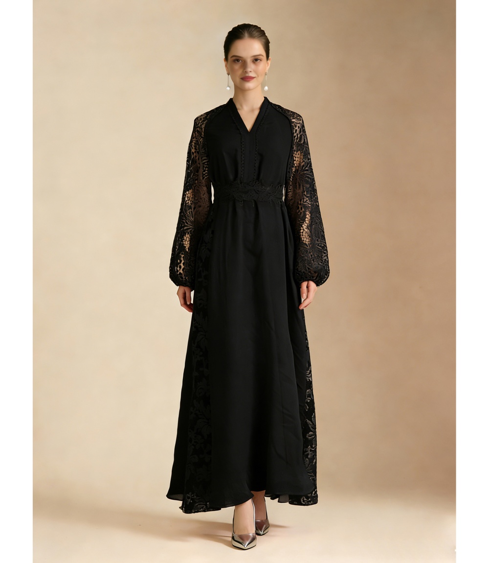 V-neck lantern sleeve lace elegant style vacation dress