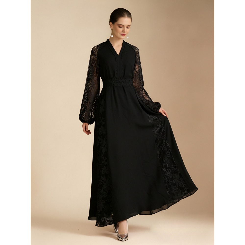 V-neck lantern sleeve lace elegant style vacation dress