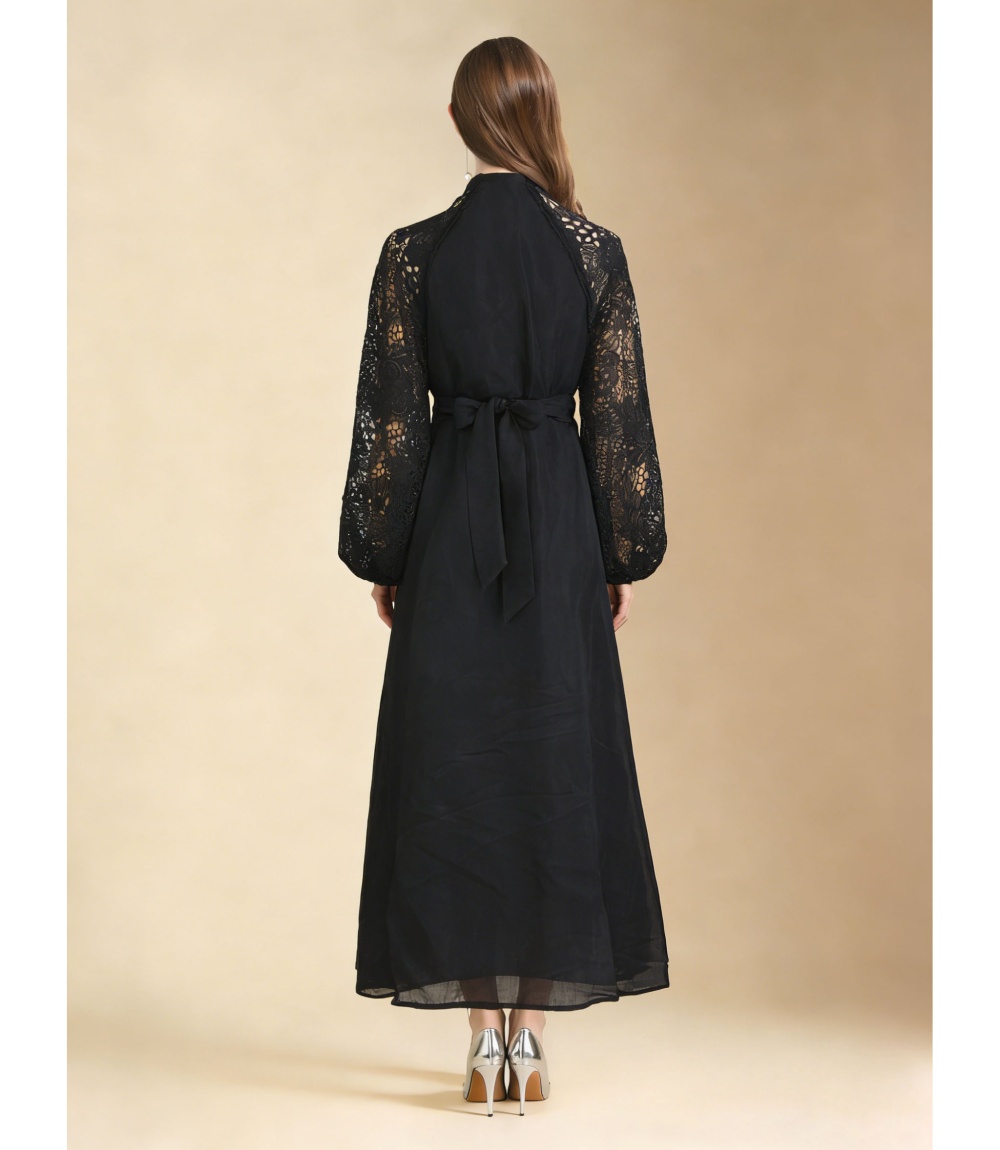 V-neck lantern sleeve lace elegant style vacation dress