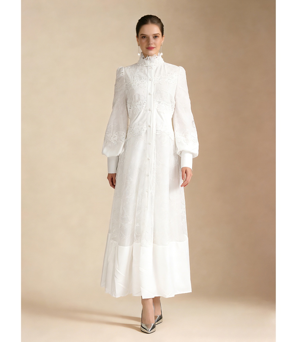 Cstand collar vacation spring frenum long dress