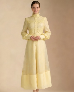 Lace frenum spring splice cstand collar long dress